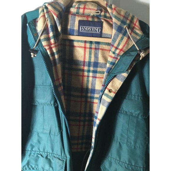 Lands End Direct Merchant green with plaid interior zip front hooded jacket - Picture 6 of 7